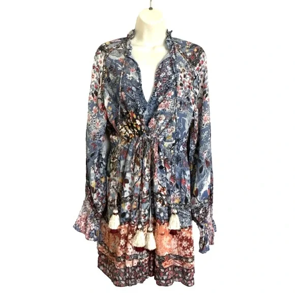 NEW Hemant & Nandita Blue Floral Mini Dress Boho Bohemian Peasant Long Sleeve M - Picture 1 of 15